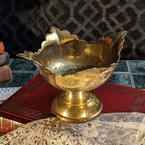 Vintage Solid Indian Brass Scalloped 4-Petal Pedestal Bowl Planter Candle Holder